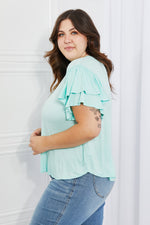 Culture Code Mi Amor Full Size Round Neck Ruffle sleeve length Top in Blue