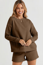 Reg + Plus, 5 colors Double Take Full Size Texture Long Sleeve Top and Drawstring Shorts Set