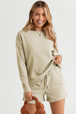 Reg + Plus, 5 colors Double Take Full Size Texture Long Sleeve Top and Drawstring Shorts Set