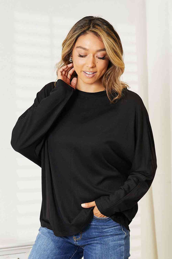 Double Take Seam Detail Round Neck Long Sleeve Top- two colors