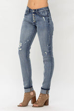 Judy Blue Mid-Rise Button Fly Contrast Wash Cuffed Boyfriend Jeans