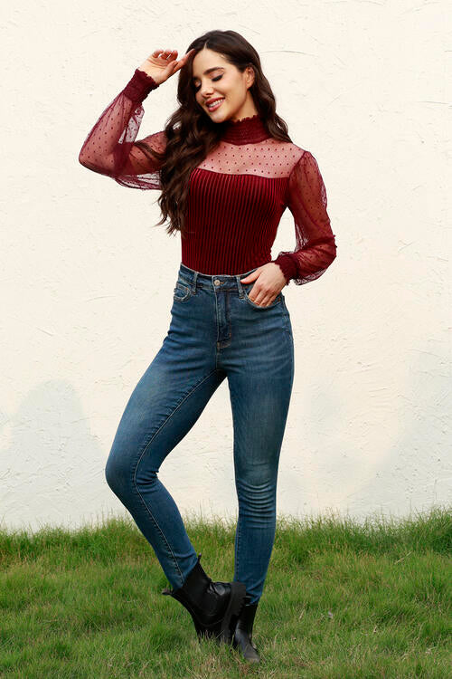 Colors Mesh Long Sleeve Velvet Bodysuit- 3 Colors