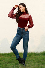 Colors Mesh Long Sleeve Velvet Bodysuit- 3 Colors