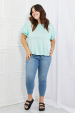 Culture Code Mi Amor Full Size Round Neck Ruffle sleeve length Top in Blue