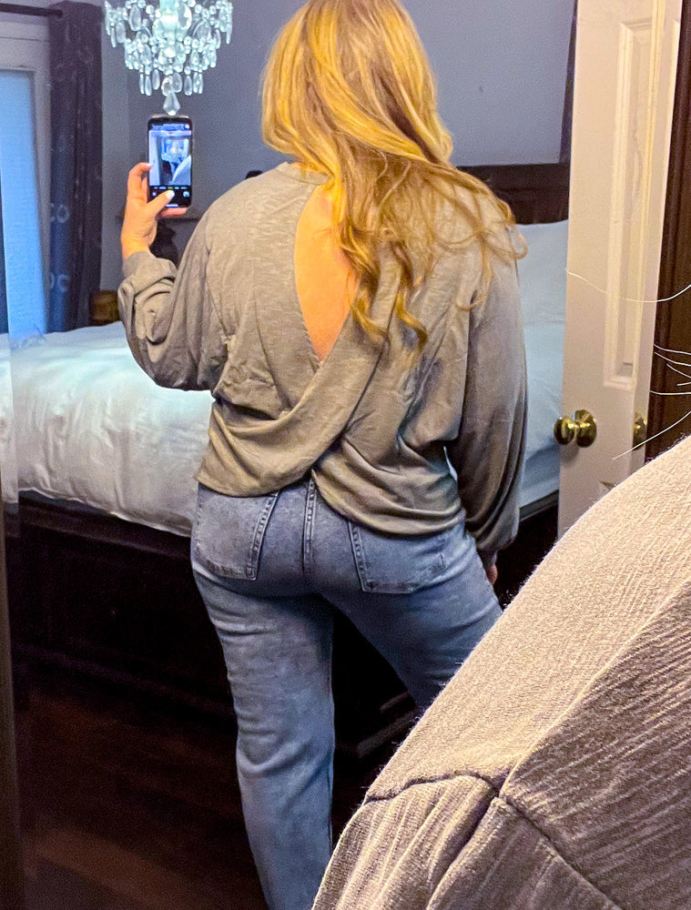 Long Sleeve Solid Knit Open Back Top In Olive