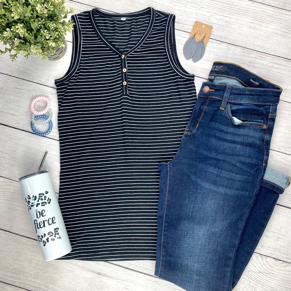 IN STOCK Addison Henley Tank - Black w/White Stripes