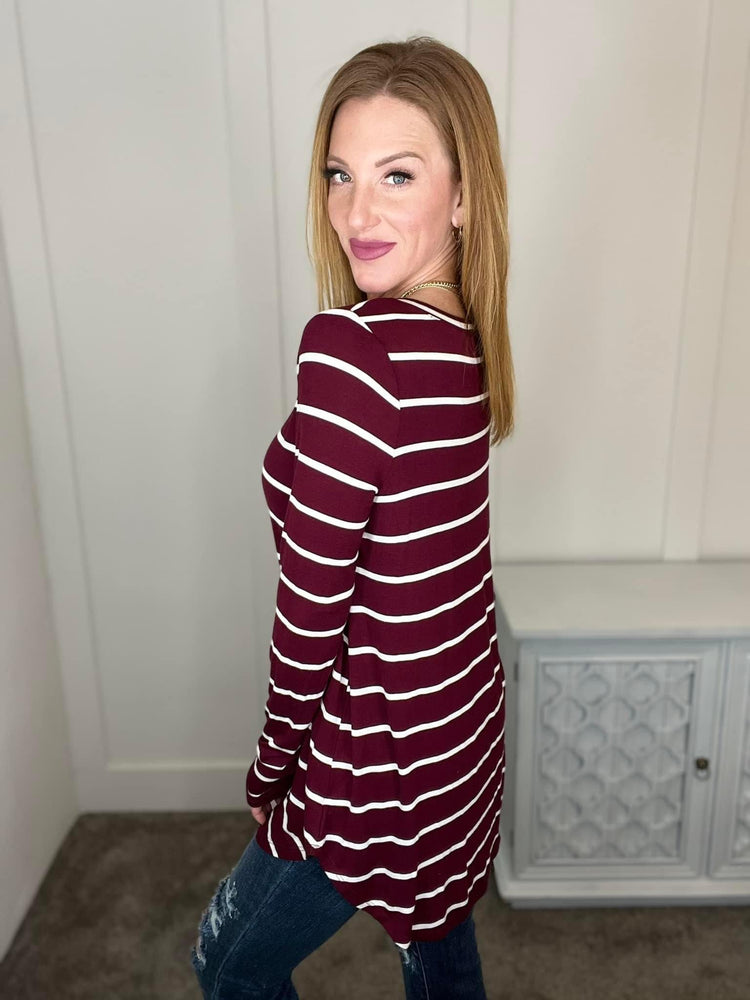 Erika Striped V-Neck Long Sleeve Top in Burgundy