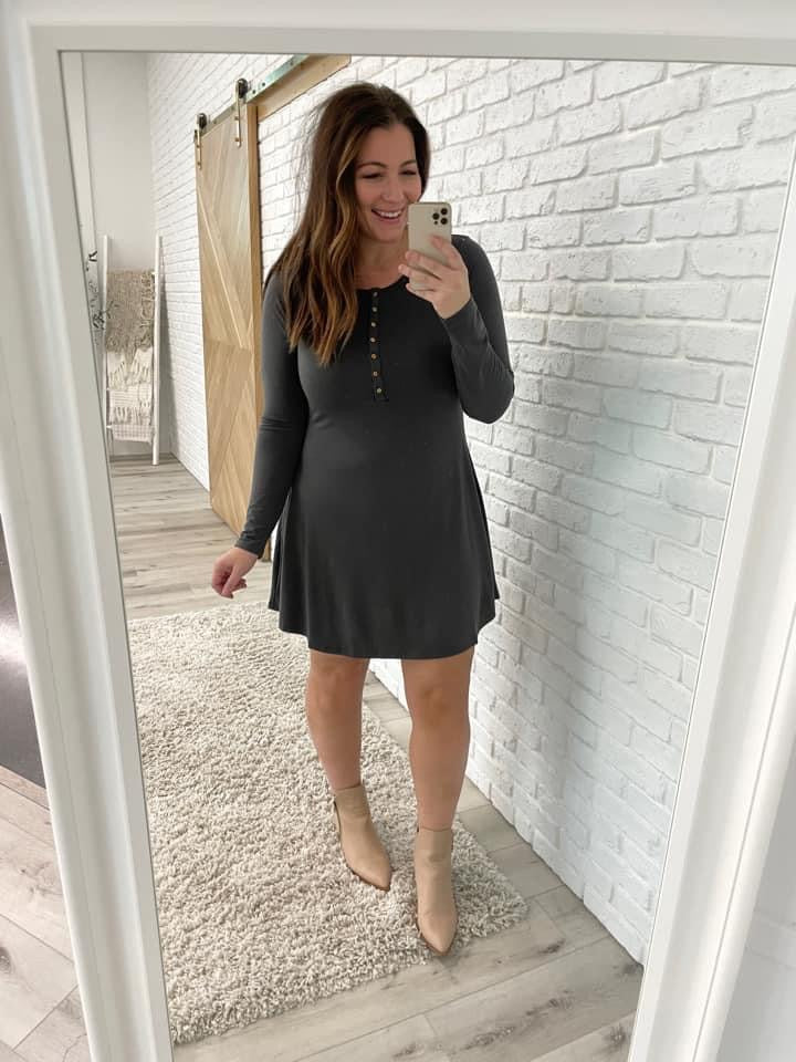 Long Sleeve Button Down Dress In Ash Gray