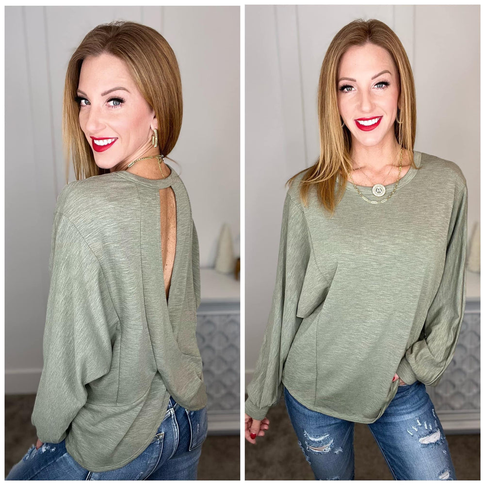 Long Sleeve Solid Knit Open Back Top In Olive