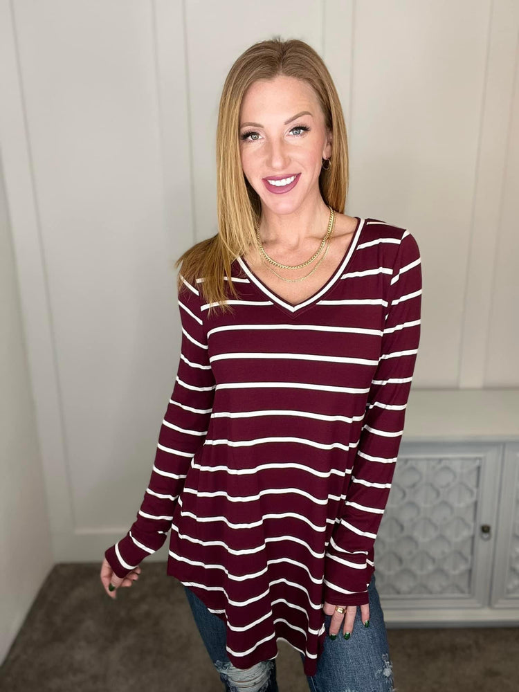 Erika Striped V-Neck Long Sleeve Top in Burgundy