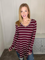 Erika Striped V-Neck Long Sleeve Top in Burgundy