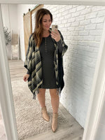 Plaid Fringe Trimmed Open Poncho in Black